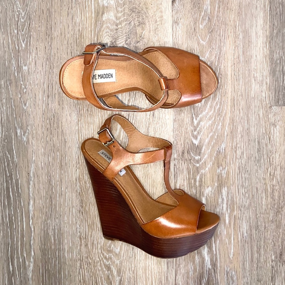 Steve Madden Cognac Brown Leather T Strap Wedge